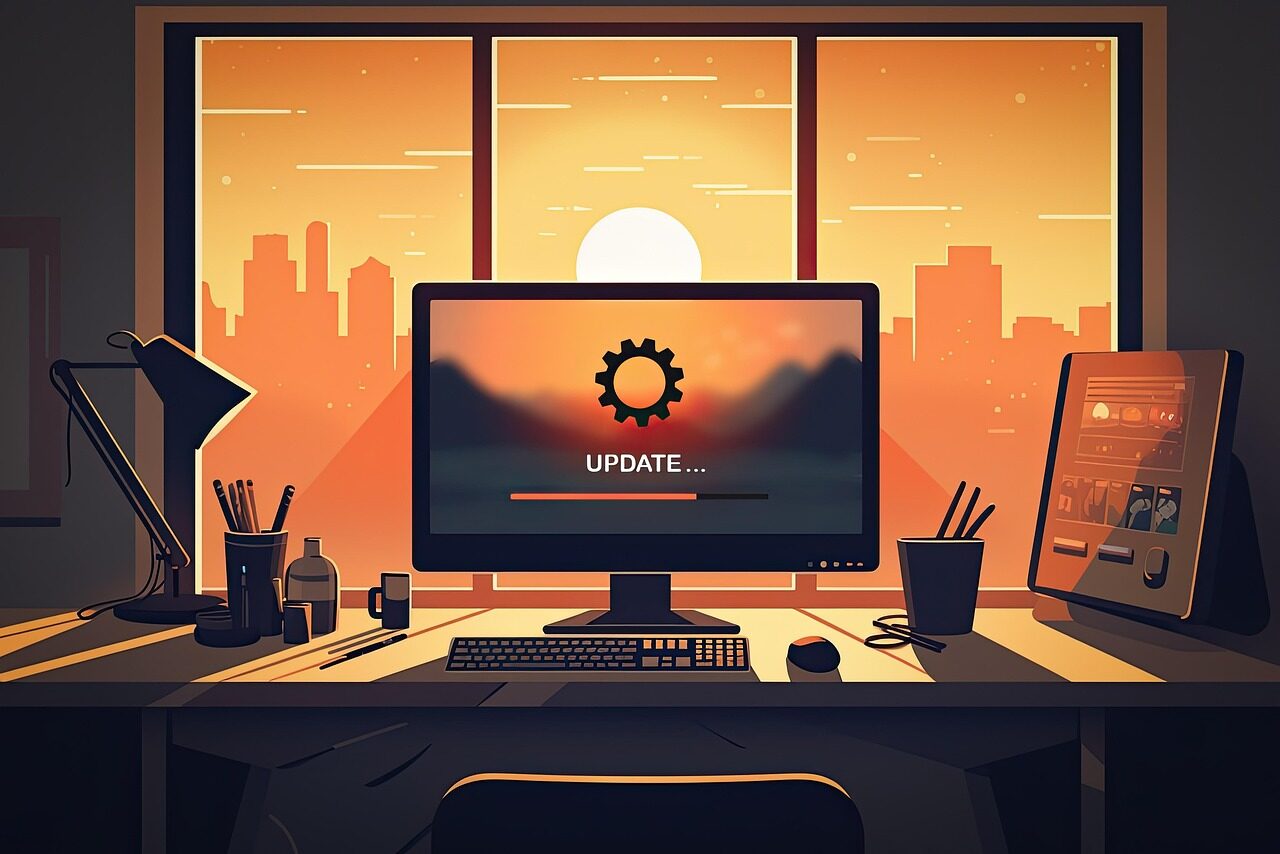 ai generated, office, desk, software updates, update, workplace, digital art